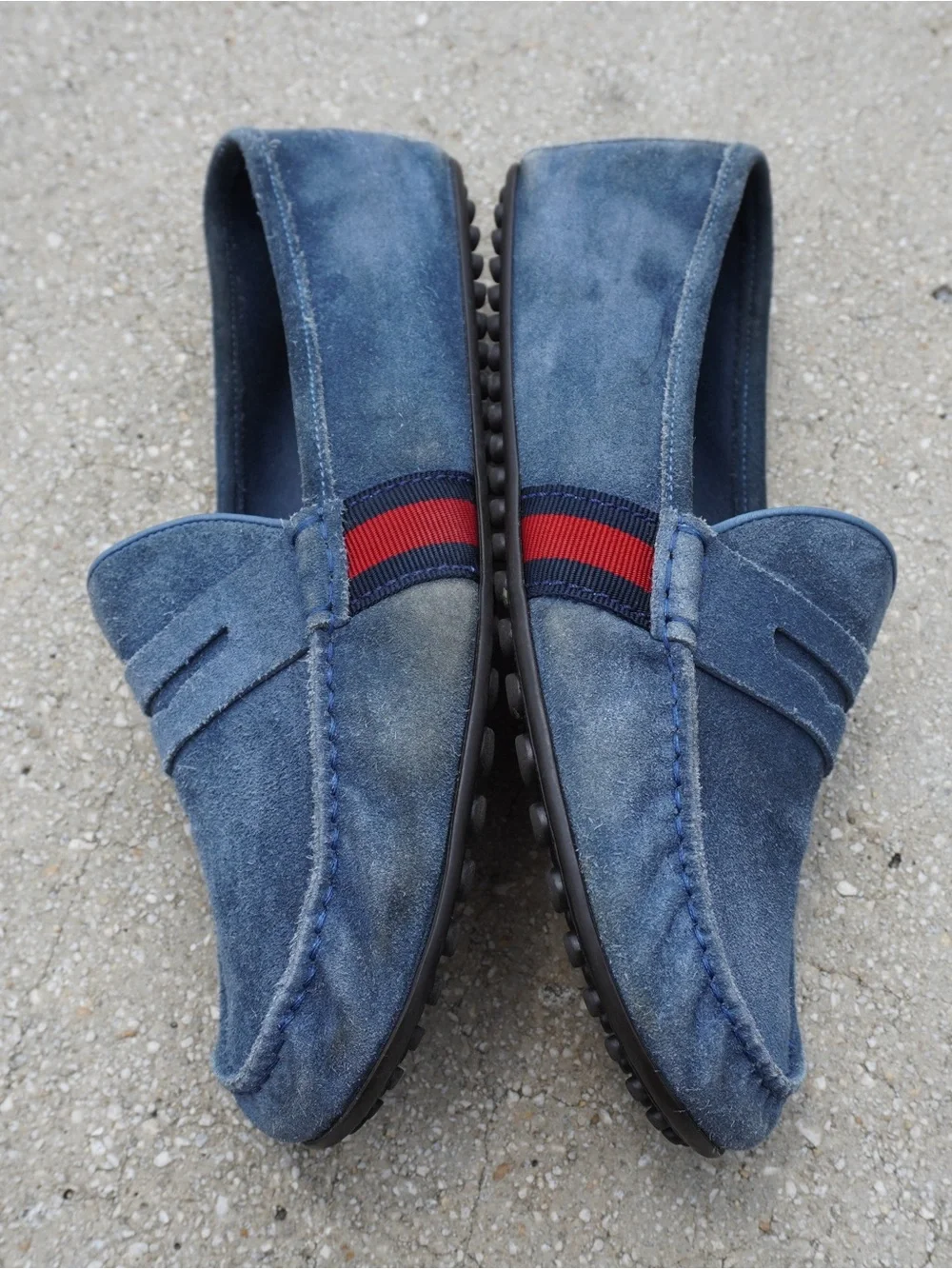 Gucci Men's Blue Suede Loafers with Red Web Stripe